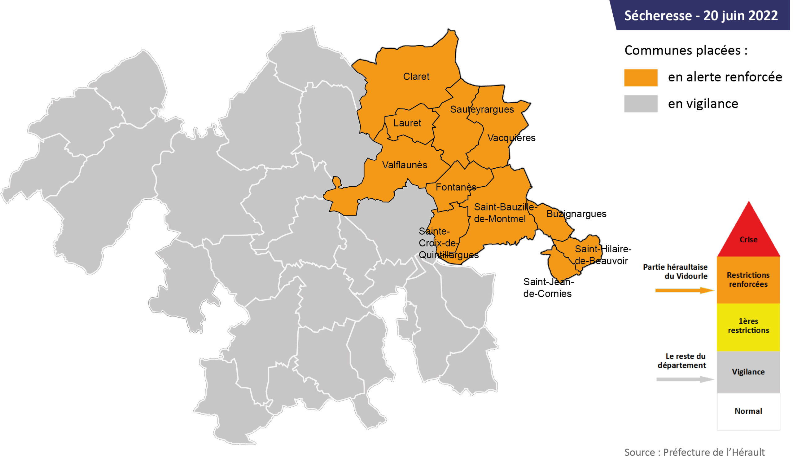 Sécheresse : carte des communes du territoire en alerte renforcée et en vigilance - 20 juin 2022