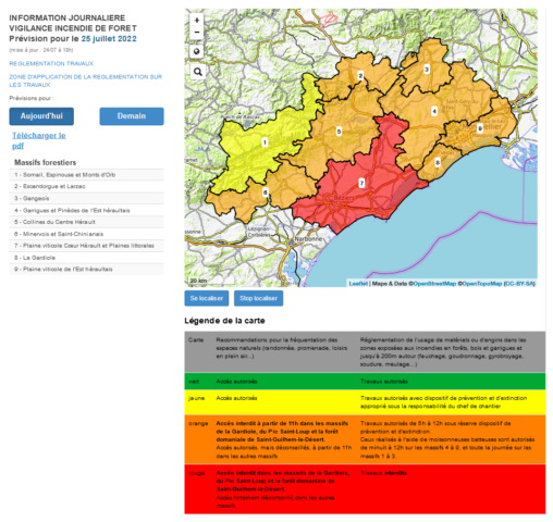 Carte de vigilance feux de forêt du lundi 25 juillet 2022