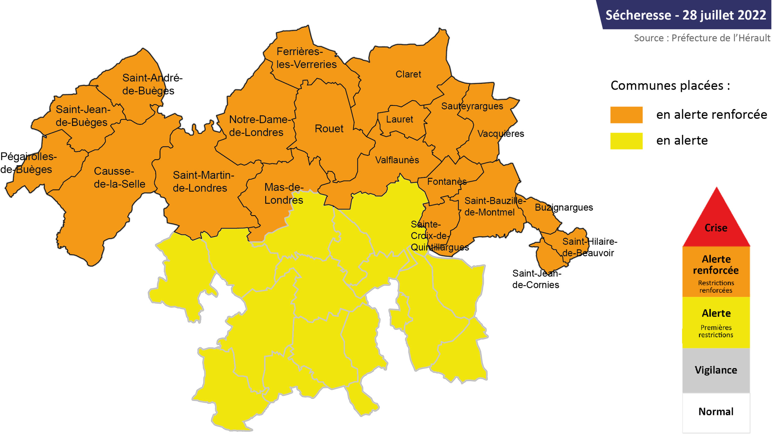 Sécheresse : carte des communes du territoire en alerte renforcée et en vigilance – 28 juillet 2022