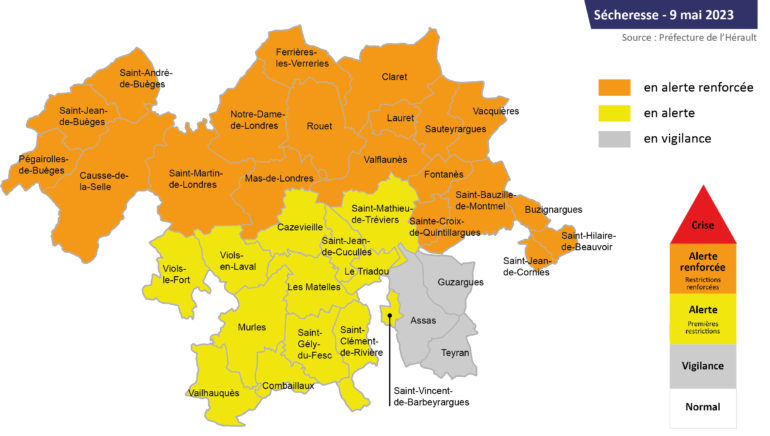 Sécheresse : carte des communes du territoire et niveau d'alerte - 9 mai 2023