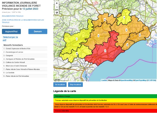 Carte de vigilance feux de forêt du 13 juillet 2023