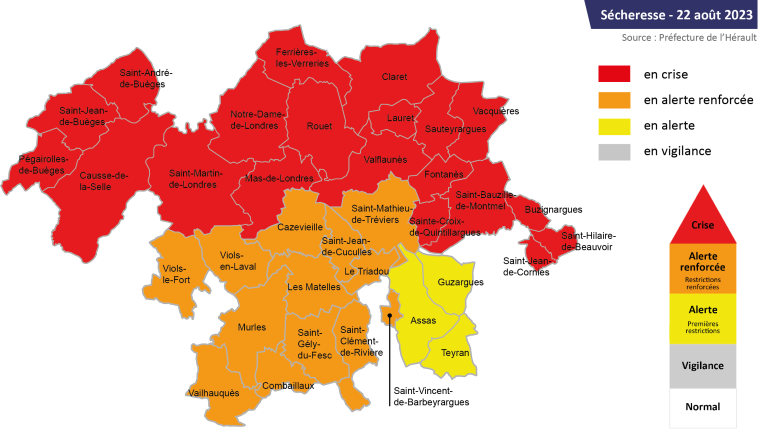 Cliquer pour agrandir Sécheresse : carte des communes et niveaux d’alerte – 22 août 2023