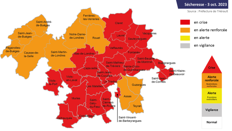 Sécheresse : carte des communes et niveaux d’alerte – 3 octobre 2023