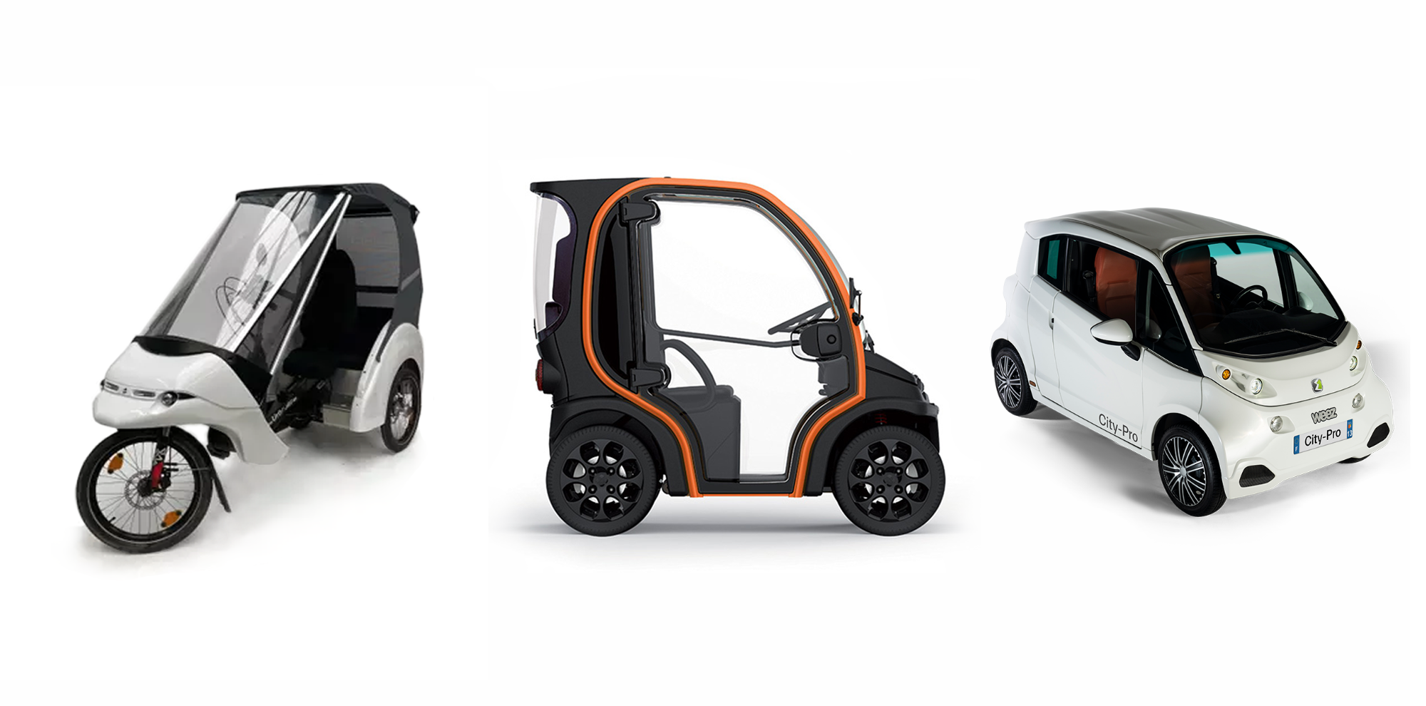 Les trois véhicules intermédiaires expérimentés sur notre territoire : un tricycle à assistance électrique, une micro-voiture et une mini-voiture électriques. Photo : DR