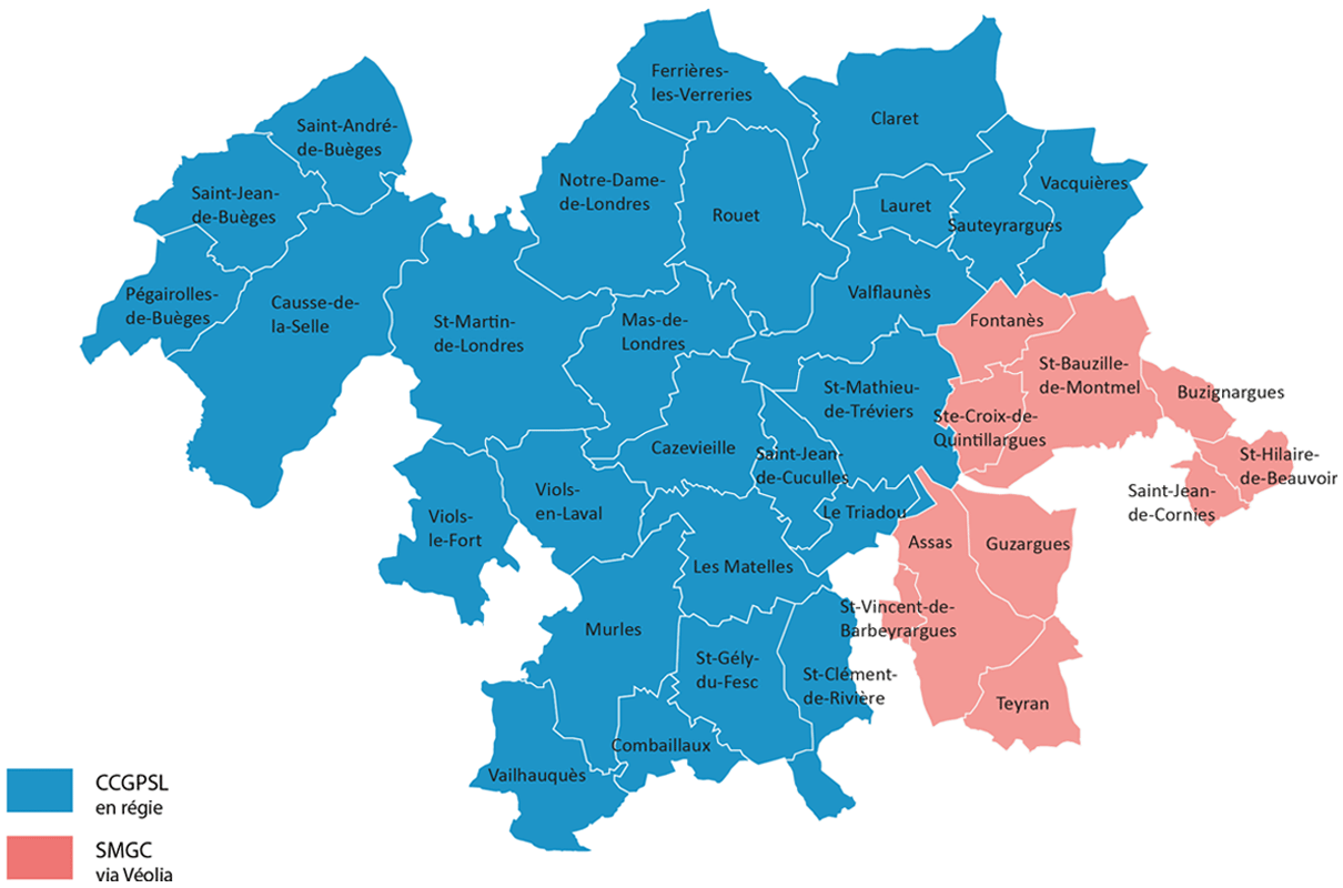 carte montrant les communes avec l'eau potable géré avec "Eau du Pic" ou la "SMGC"